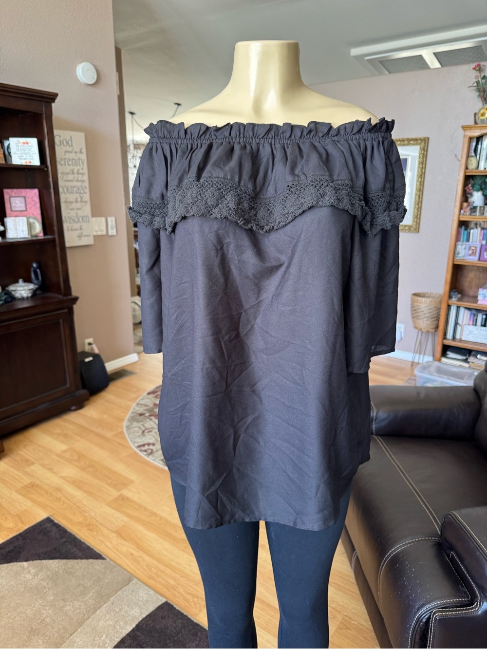 Rouge Collection black off-shoulder crochet trim blouse-size 1X